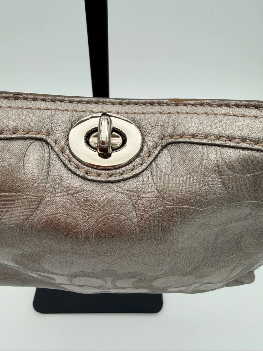 Coach Metallic Silver Shoulder Bag Silver Hardware Mini Demi Blue Turnlock CC